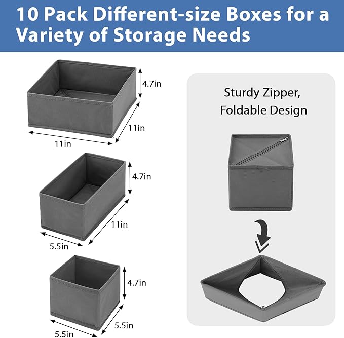 Fixwal 10 Pack Underwear Drawer Organizer for Nursery, Bedroom, Closet - Storage for Baby Clothes, Socks, Bra, Scarves, Ties (Grey)