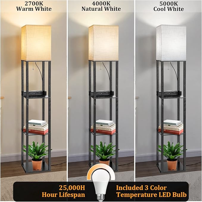Dott Arts Floor Lamp with Shelves, Shelf Lamp with Wireless Charger & USB A+C Ports & 2 AC Outlets,3 Color Temperature Corner Tall Standing Floor Lamps for Living Room, Bedroom, Office (Black)