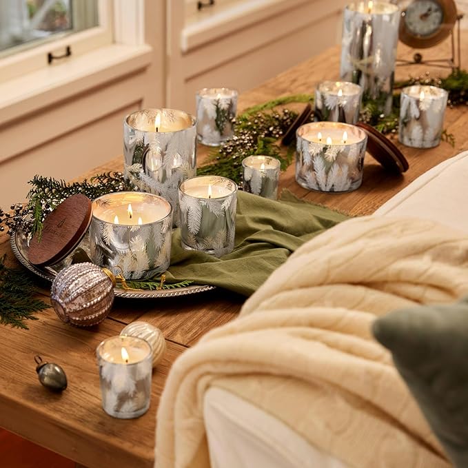 Thymes Frasier Fir Candles - Statement Collection - Silver with Pine Needle Design - Scented Candles for Home Decor - Notes of Siberian Fir Needles, Cedarwood & Sandalwood - Medium Luminary (20 oz)