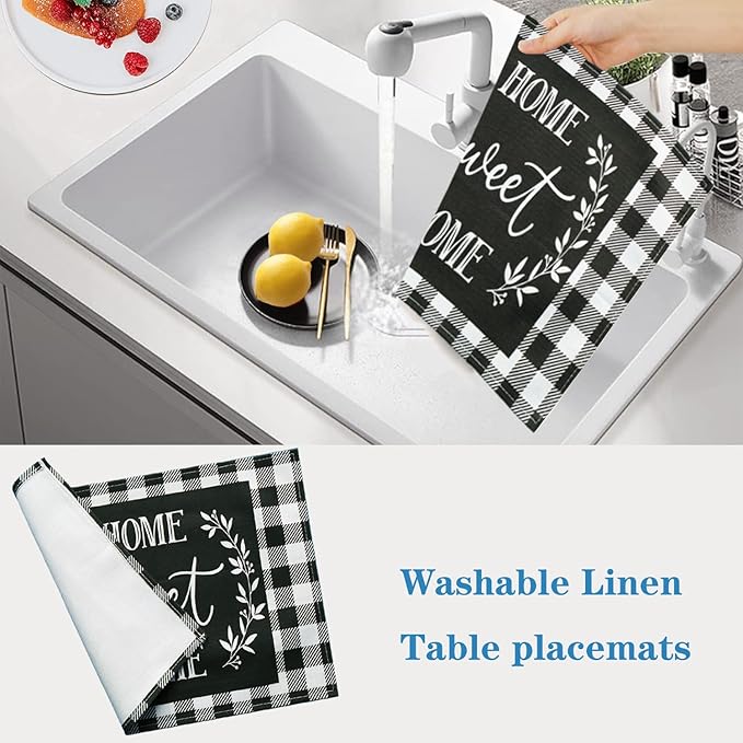 Buffalo Plaid Placemats Set of 8, Black White Farmhouse Placemats - Linen Washable Heat Resistant Waterproof Place Mats for Ktichen Dining Table 18 X 12 Inch, Plaid