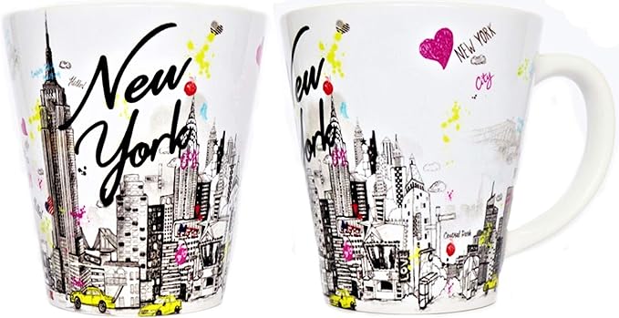 Sweet Gisele | New York City Latte Mug | Ceramic NYC Coffee Cup | Downtown Manhattan Skyline | Empire State Building & Times Square | Brooklyn Bridge | Novelty Gift Souvenir | 11 Fl. Oz (White/Multi)