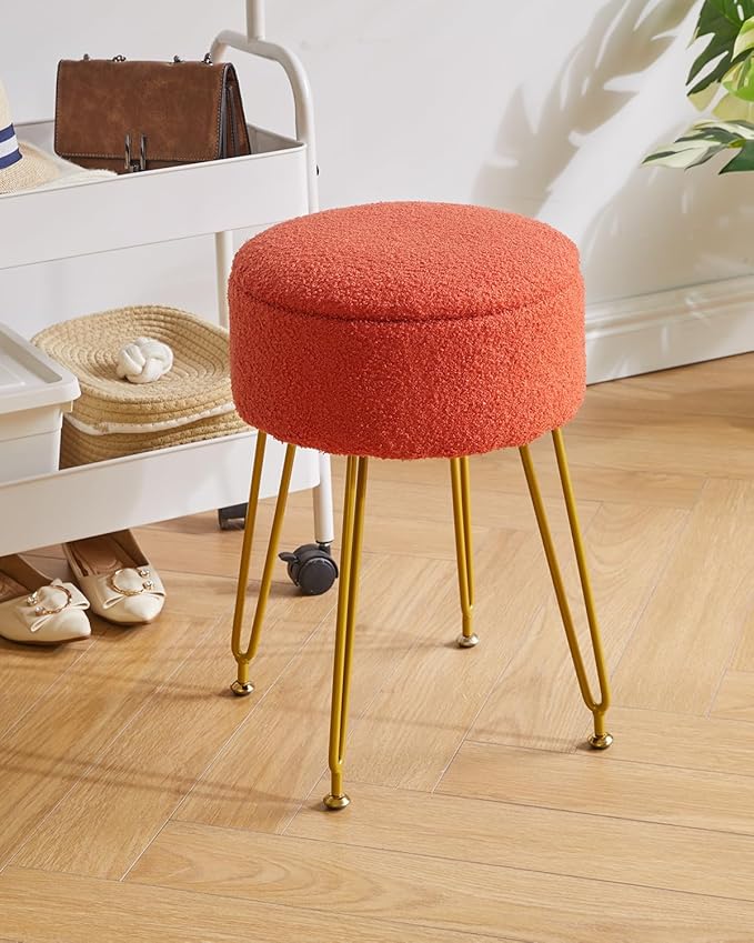 IBUYKE Teddy Velvet Storage Footrest Stool Ottoman, Makeup Vanity Stool Side Table with Removable Cover, Golden Steel Legs, Coffee Table Top Cover, Orange WBD010J