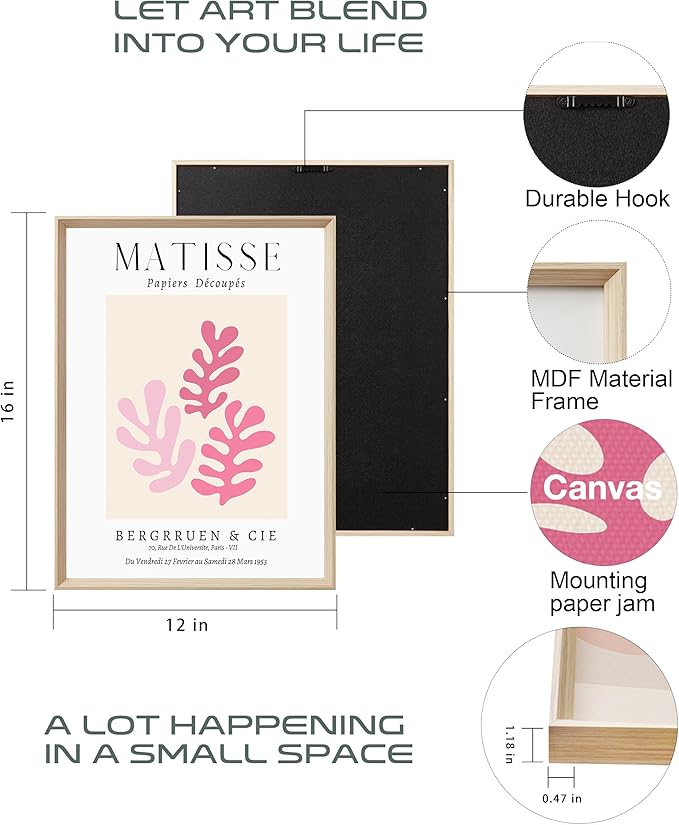 Framed Matisse Pink Canvas Wall Art,Abstract Matisse Canvas Wall Decor,16x12IN High Framed Wood Design Prints,Minimalist Wood Frame Posters for Living Room,Bedroom,Bathroom Set of 3