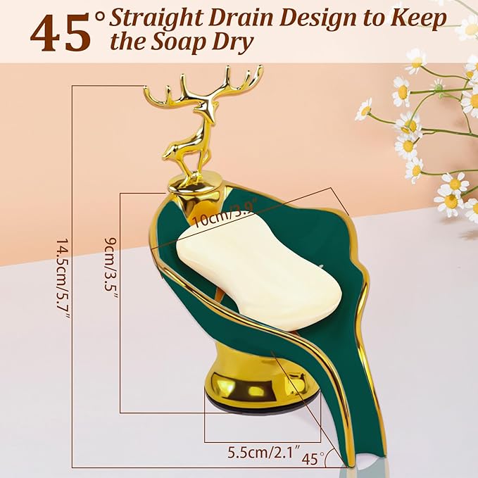 Leaf Shape Ceramic Soap Dishes - Self Draining Soap Dish for Shower, Bathroom Sink, Bathtub, Kitchen Counter (Green)