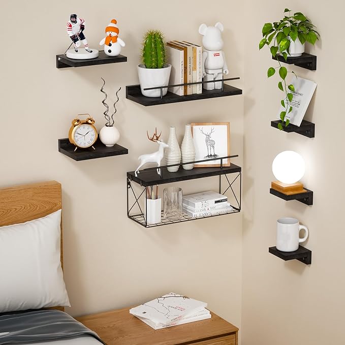 Floating Shelves for Wall Set of 8, Wall Shelves for Decoration and Storage, Bathroom Shelves with Wire Storage Tier, Wood Shelves for Bathroom, Living Room, Bedroom, Kitchen (Black)