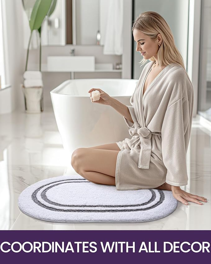 DEXI Oval Bath Mats for Bathroom, 17x30 Absorbent Bath Mat, Washable Microfiber Bathroom Rug with Non Slip Backing for Shower Floor, Dark Grey