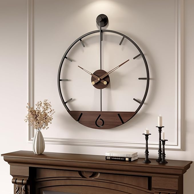 30 Inch Large Wall Clock for Living Room Decor, Walnut Wood Dial with Metal Frame, Silent Non Ticking Wall Clock Battery Operated for Kitchen, Office, or Bedroom