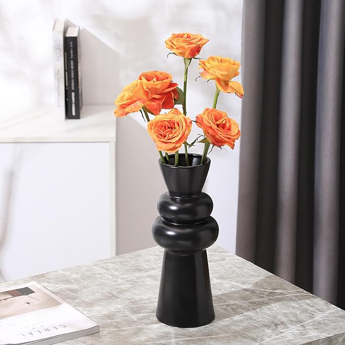 Black Floor Vase, Black Ceramic Vase for Home Decor, Modern Farmhouse Vases, Boho Tall Floor Vases for Living Room, Dining Table, Office, Shelf Decor, 13 Inches