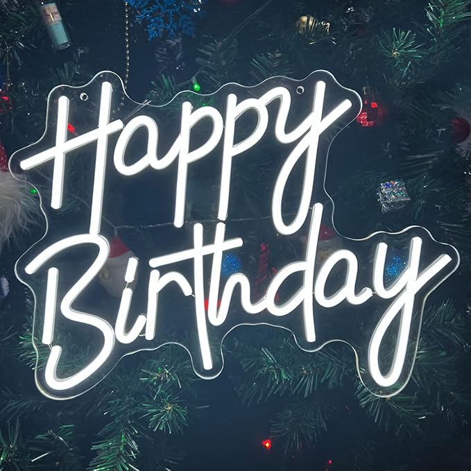 Happy Birthday Neon Sign for Wall Decor, White LED Neon Light Signs, Dimmable Art Decoration Happy Birthday Neon Light Sign for All Birthday Party Decoration 15.7×13 Inch