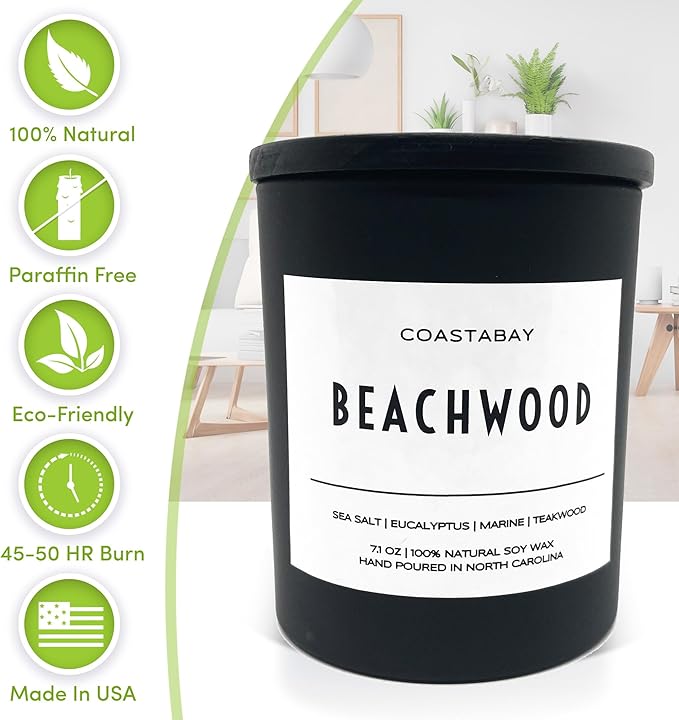 Beachwood Candle | Coastal Breeze & Woodsy Scent, Teakwood, Natural Soy Wax, Clean Burning, Hand-Poured and Long Lasting - 7.1oz