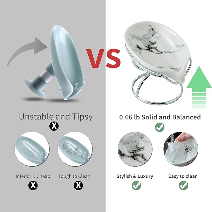 Leaf-Shaped Soap Dish – Premium Ceramic Soap Bar Holder with Self-Drainage System – Bar Soap Holder for Shower, Bathroom Sink, Kitchen – Waterfall Soap Dish with Stainless Steel Stand (SLIVER)