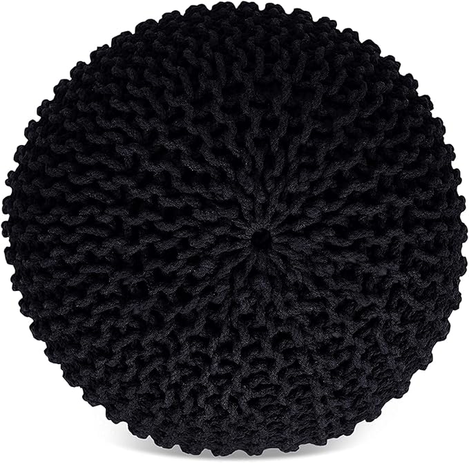 FRELISH DECOR Round Pouf Ottoman Hand Knitted 100% Cotton Pouf Foot Stool - Knitted Bean Bag - Floor Chair for Living Room Bedroom - Foot Rest for Couch (20 Diameter x 14 Height) - Black