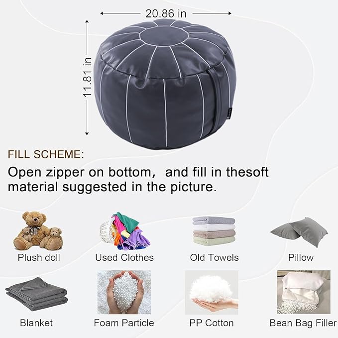 Louis Donné Unstuffed Pouf Ottoman Cover, Faux Leather Foot Stool for Foot Rest, Moroccan Style Pouffe Ottomans, 21" Round Handmade Small Bean Bag Covers for Storage, Footstools for Living Room