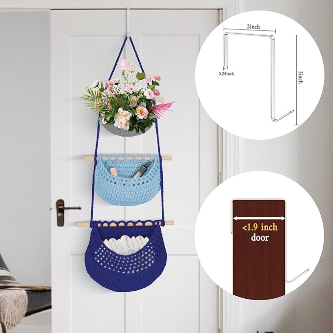 Hanging Baskets for Organizing, 3 Tier Detachable Wall Hanging Fruit Basket Over the Door Organizer for Vegetable Plant, Gray Blue Boho Crocheted Cotton Fruit Holder for Kitchen Bathroom Bedroom