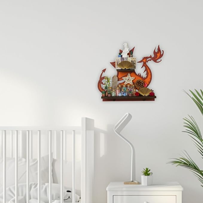 Wooden Fire-Spitting Dragon Decor Crystal Display Shelf for Wall, Rock Display Case Knick Knack Organizer Trinket Holder, Wall Hanging Shelves for Essential Oil & Nail Polish