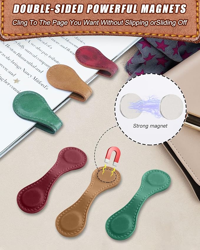 1Pcs Magnetic Leather Bookmark - Vintage Faux Double-Sided Magnetic Bookmark Page Clip for Women & Men, Book Accessories Compact Book Lover Gift for Readers, Travel & Office (Brown)