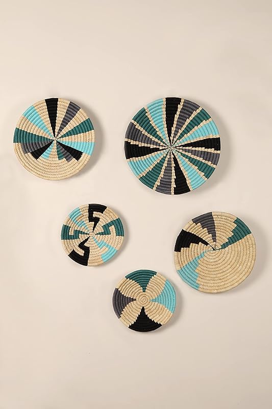 Set of 5 Round Boho Hanging Wall Basket Home Decor for Bedroom, Kitchen, Farmhouse Handmade Decorative Unique Indian Wall Decor Woven Wicker Baskets Christmas Gifting (Green Blue, Vivid)