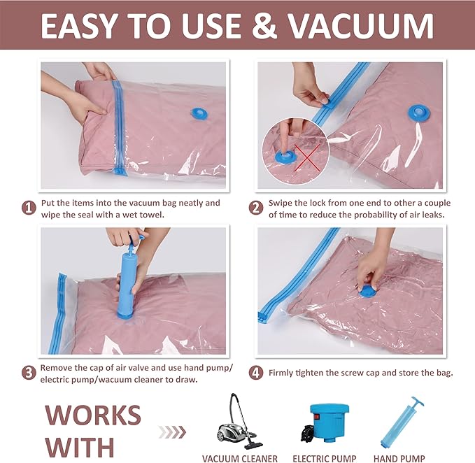 10 Space Saver Vacuum Sealed Storage Bags (2 Jumbo/2 Large/3 Medium/3 Small) with Hand Pump, Seal Bags for Clothing, Comforters, Pillows, Towel, Blanket Storage, Bedding