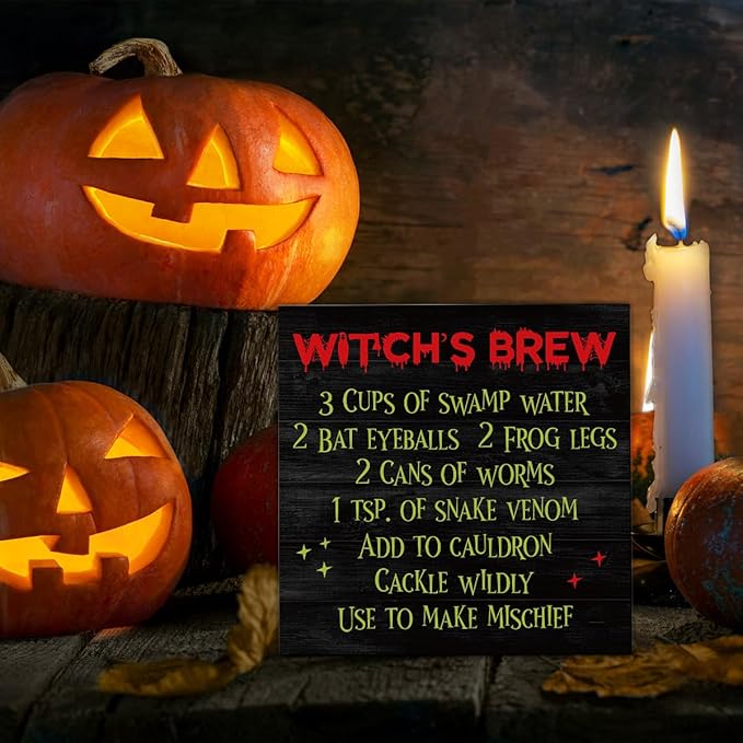 Halloween Witch's Brew Wooden Sign Decor - Kitchen Desk Block Sign for Home Table Shelf - 5 x 5 Inch