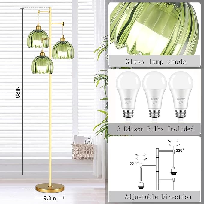 Gold Floor Lamp for Living Room Bedroom,Modern Tree Floor Lamps with Green Glass Shades,68IN Tall Standing Lamp with Bulbs,3 Lights Mid Century Vintage Floor Lamp for Corner Office Reading