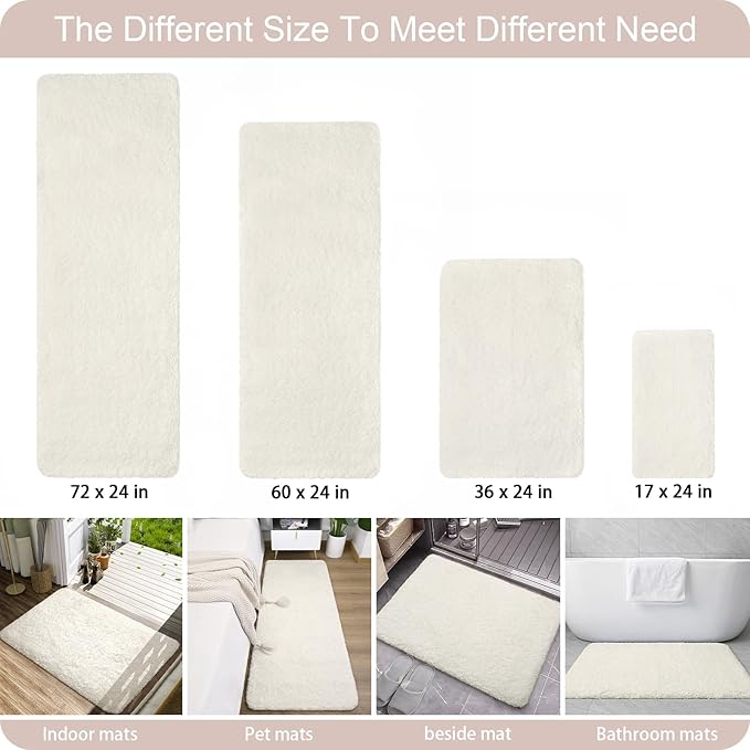 AROGAN Cream White Luxury Long Bathroom Runner Rug 24×60 Inch, Soft and Absorbent Non Slip Bath Mat, Rubber Backing Quick Dry Rugs Carpets, Machine Washable Plush Mats for Shower Floor