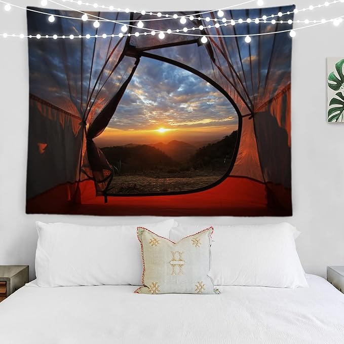 BaoNews Blue Night Camping Tapestry,Red Sunset Large Wall Hanging Polyester Tablecloths Tapestry Bedroom Room Living Room Dorm 59.1 x 82.7 Inches