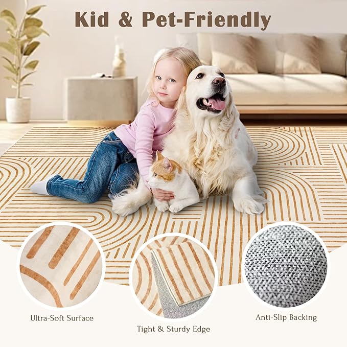 6x9 Area Rug for Living Room - Large Abstract Washable Rugs for Bedroom Non-Slip Orange Stain Resistant Dining Room Rug Rainbow Low-Pile Carpet Soft Modern Rug for Office Nursery Room