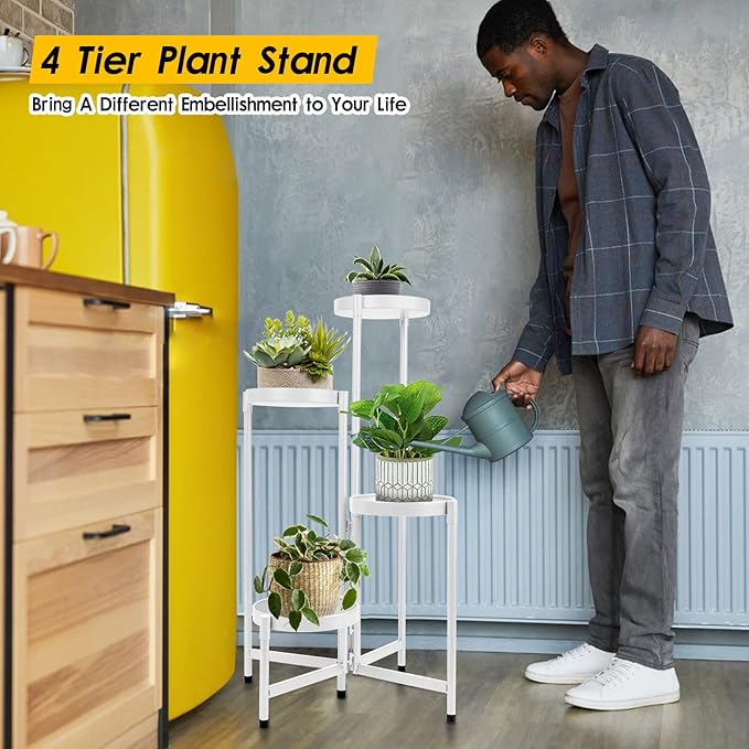 4 Tier Plant Stand Indoor Outdoor, 31 Inch Tall Metal Plant Shelf Waterproof, Plant Holder with Folding Design For Home, Living Room, White