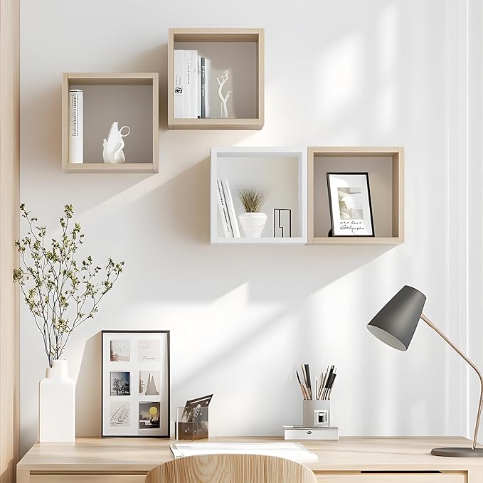 Kaboon Cube Floating Shelves Set2, Display Shelves Wall Mount 7.75" D x 12.5" W x 12.5" H, (Grey Oak, Square 2 Cubes)