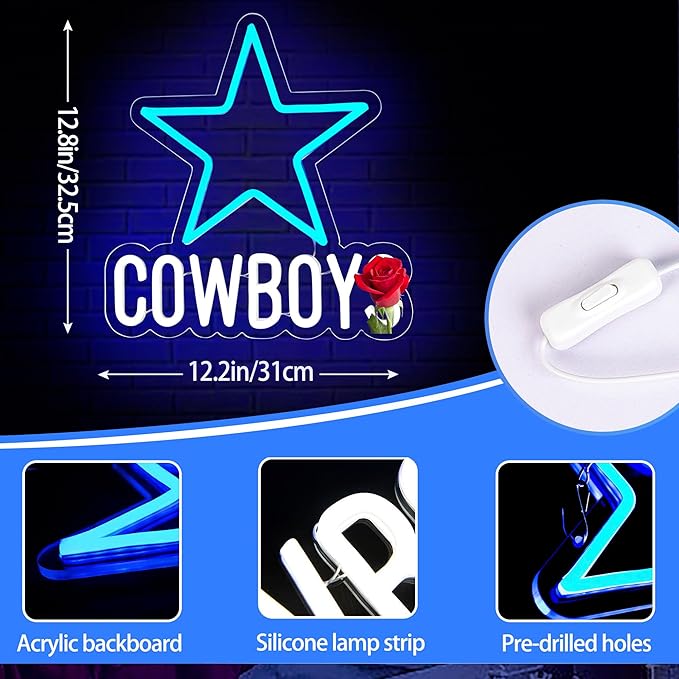 Cowboy Neon Sign for Wall Decor Football Neon Light for Man Cave Birthday Gifts for Men With Football Team Sign for Bar Dorm Party Game Room Decoration Size 12.2 * 12.8In(ZYLD055)