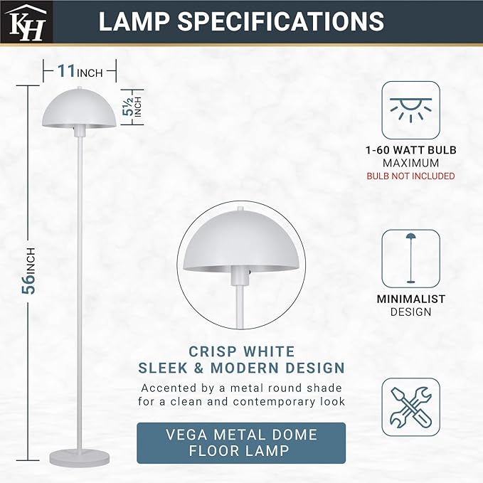 Kenroy Home Vega White Metal Dome Floor Lamp with Sleek Modern Design and Round Metal Shade for Living Rooms, Offices, and Bedrooms