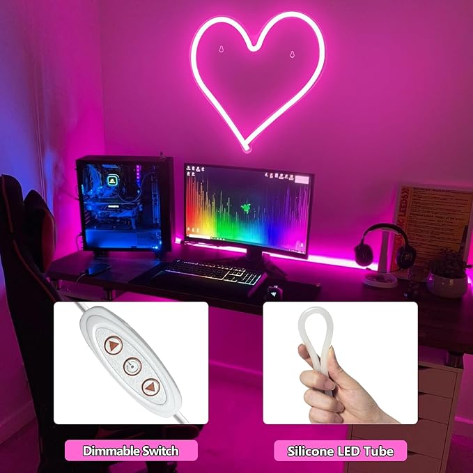 Pink Heart Neon Light, LED Heart Sign 13.413 Inch Dimmable USB Powered Romantic Bedroom Valentine's Kids Room Wedding Party Decor