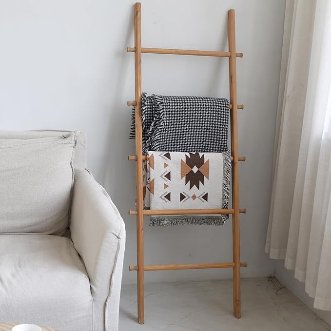 FUIN 57in Wood Blanket Ladder Living Room Decorative Wall Leaning Farmhouse Quilt Display Holder Rustic Wooden Towel Rack for Bathroom, Light Brown