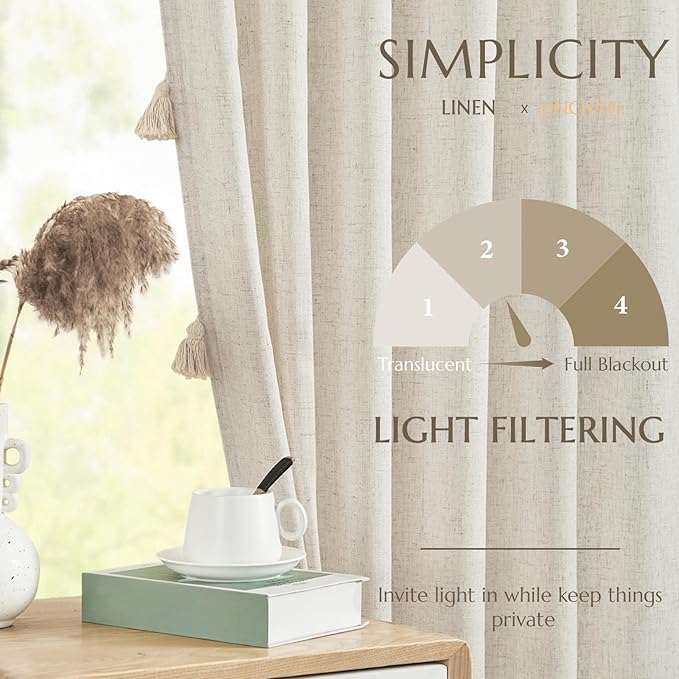 jinchan Boho Curtains 63 Inch Long 2 Panels, Linen Blend Farmhouse Drapes with Tassels for Bedroom, Light Filtering Cottage Core Curtians with Fringe, W50 x L63 with Rod Pocket Back Tab,(Ecru)