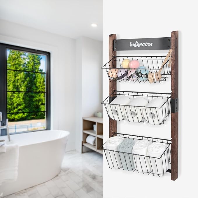 J JACKCUBE DESIGN 3 Tier Wall Mount Fruit Basket, Hanging Wire Fruit Vegetable Storage Organizer Rack for Kitchen with Chalkboard- MK657B