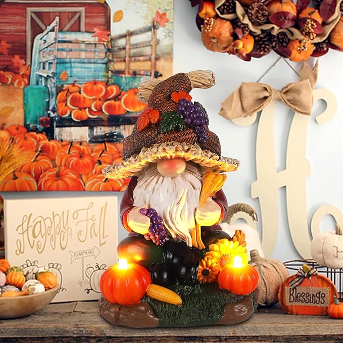 Thanksgiving Decor Fall Gnome Sculpture with Pumpkin Candle Hand-Painted Autumn Harvest Centerpiece for Home Fall Harvest Table Decor For Home Office Shelf Kitchen - Thanksgiving Autumn Gift