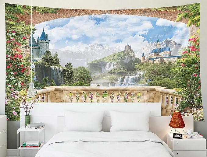 EMMTEEY Waterfall Tapestry Colorful Tapestry View from Balcony of Waterfalls with Castles Dorm Tapestry 60X40 Wall Tapestry Nature Present for Families