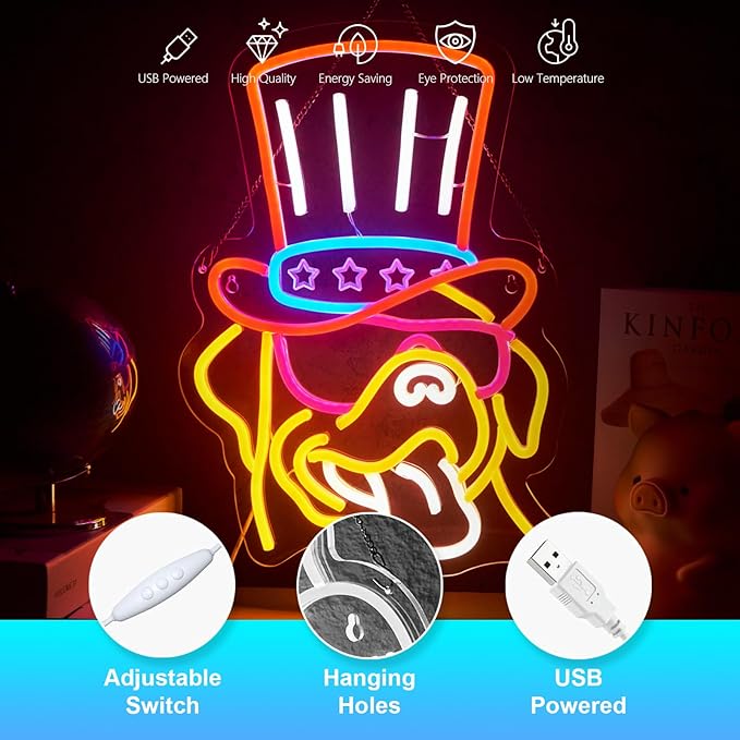 Top Hat Labrador Neon Sign Sunglasses Cute Dog Neon Sign for Wall Decor Cute Dog USB Dimmable LED Neon Lights for Bedroom Zoo Pet Shop Cat Cafe Decoration Gif for Teen Boys Girls Christmas