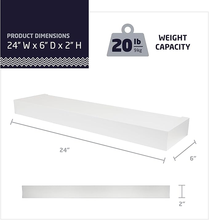 HIGH & MIGHTY 515607 Modern 24" Floating Shelf Holds up to 20lbs, Easy Tool-Free Dry Wall Installation, Flat, Retail Packaging, White