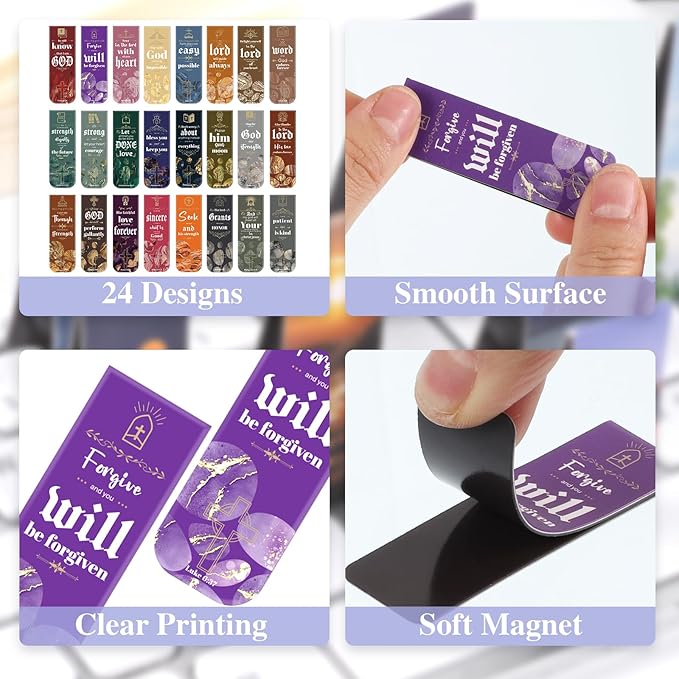 48 Pcs Bible Verses Magnetic Bookmarks, 24 Styles Christian Magnet Book Markers Motivational Encouraging Magnetic Page Clip Gifts for Women Men School Office Supplies