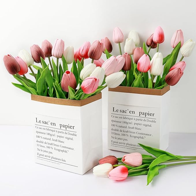 Beferr 18pcs Tulips Artificial Flowers Faux Tulip Real Touch Tulip Fake Flowers Bouquets Arrangements for Mothers Day Spring Easter Wedding Home Table Decor Coral Pink