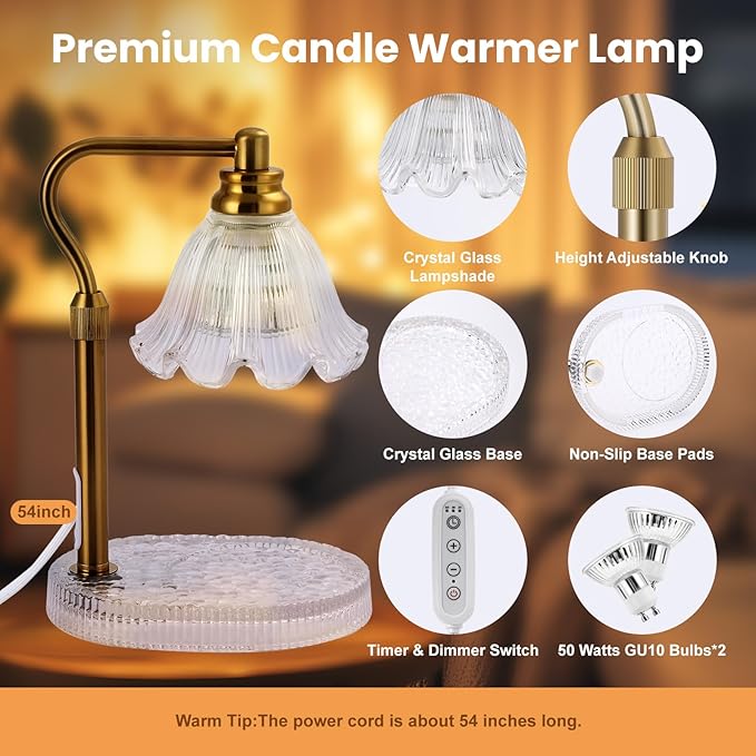 Candle Warmer Lamp with Timer,Electric Candle Warmer,Glass Base with Anti Slip Pads,Dimmable,Adjustable Height,Wax Warmer Lamp,Glass Lampshade,Vintage Home Decor (Flower)
