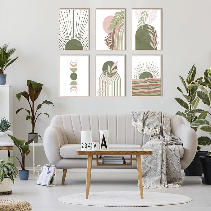 RETRART Sage Green Boho Wall Art, Minimalist Wall Art Wall Decor Geometric Line Leaf Sun Moon Beige Green Canvas Artwork Paintings, Abstract Botanical Sage Gr een Boho Room Decor - 8"x10"