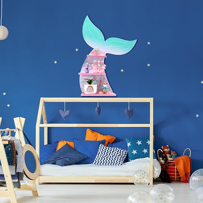 Bencailor Wall Decor Shelf Bedroom Hanging Shelf Wall Mounted Wooden Floating Bathroom Decor for Girls Bedroom Nursery Gift(Cute Mermaid)