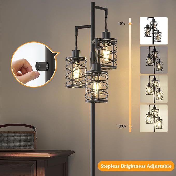 Oneach 68" Industrial Standing Floor Lamp, Stepless Dim Light with 3 Bulbs, Farmhouse & Corner Design, Tall Lamp for Home and Office, Black