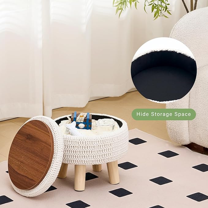 Wimarsbon Pouf Ottoman, 100% Cotton Knitted Boho Footstool, Round Footrest with Non-Skid Wood Legs, Home Décor Handmade Pouffe, Leisure Floor Step Stool for Living Room (Storage Beige)