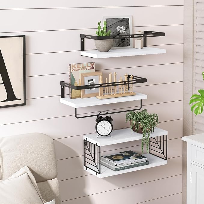 Fixwal Wall Mounted Bathroom Shelves Over Toilet, Rustic Wood Floating Shelves with Metal Frame and Towel Bar for Bathroom, Kitchen, Bedroom, Living Room (White)