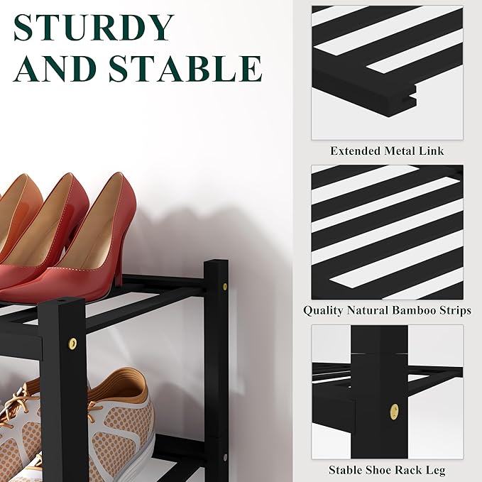 Smiry Bamboo Shoe Rack for Closet, 3 Tier Wooden Stackable Shoe Organizer, Free Standing Shoes Storage Shelf for Entryway, Front Door Entrance, Black