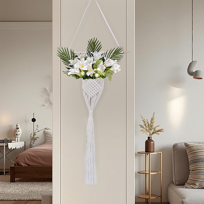 GYASVWU Cotton Rope Boho Wall Decor, Macrame Wall Hanging Decor, White Wall Art with Woven Pocket, Woven Wall Decor for Dried Flower Storage/Pampas Grass Decor/Living Room Decor/Bedroom Decor (White)