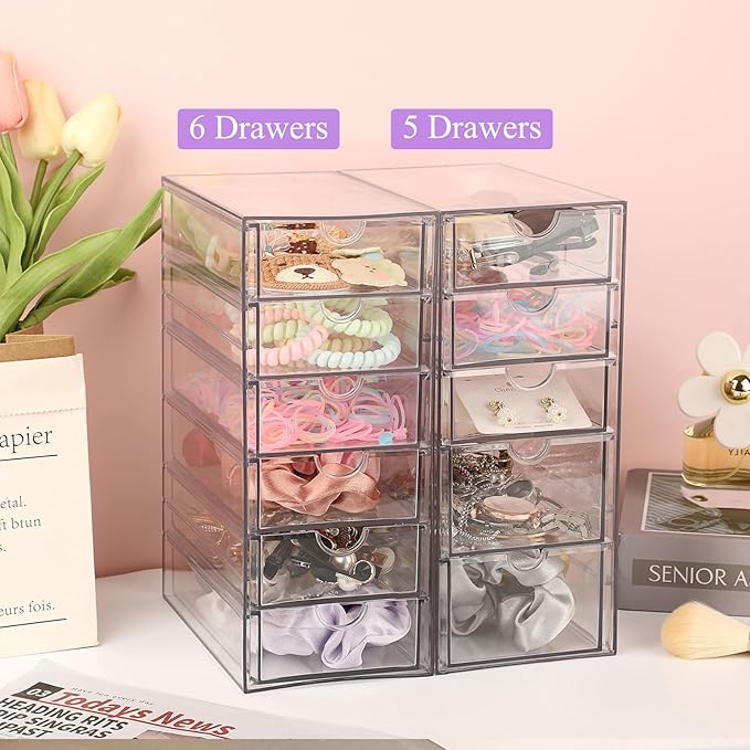 Hipiwe Plastic Drawer Organizer Clear Desktop Drawers Box with 6 Pull Out Drawer Compact Storage Box for Cabinet Vanity Bathroom Bedroom Pantry Shelf Office or Closet Organization